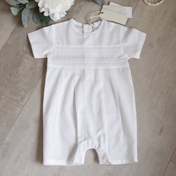 Boutique Other - Baby Boy's White 100% Cotton Romper Blue Embroidery Heirloom Boutique NWT